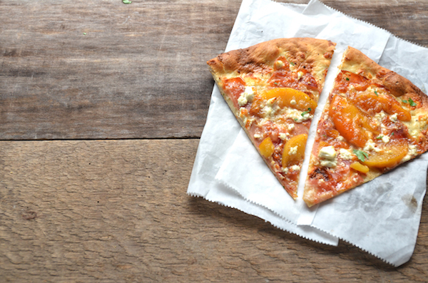 Serrano Ham Pizza with goat cheese and caramelized peaches