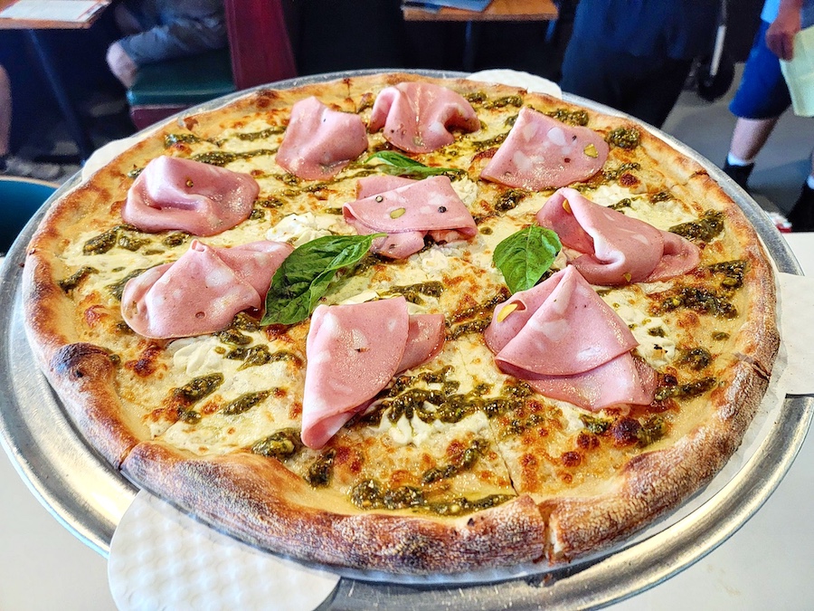 mortadella pistachio pizza, owners and family, Madison Avenue Pizza, Dunedin, Florida